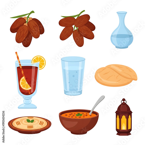 A delightful spread of Middle Eastern cuisine featuring fresh dates, refreshing drinks, hummus, hearty soup, and traditional bread, illuminated by a rustic lantern
