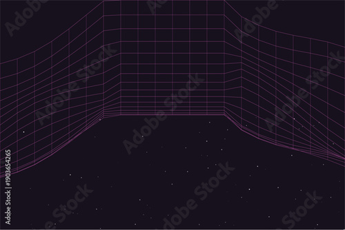 Synthwave retro virtual reality terrain with glowing neon grids and distant mountains, creating a nostalgic digital landscape for gaming or futuristic themes. Vector illustration.