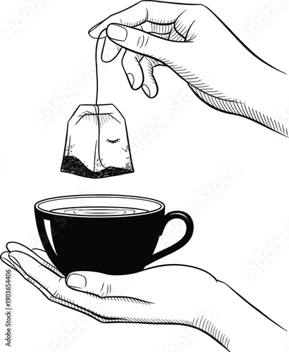 Hand holding tea bag over cup of tea vector