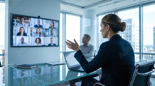 Businesswoman leading a remote video conference meeting in office