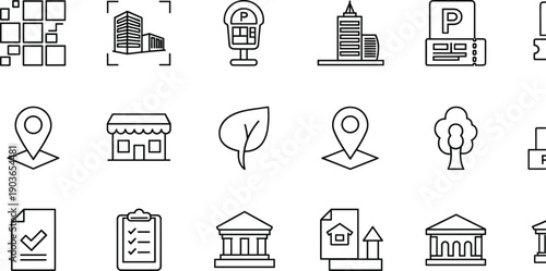 Real estate and urban planning line icons set showing buildings maps location parking documents eco city infrastructure vector illustration