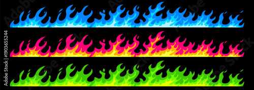 Vector set of illustration of color flame border on black background. Various burning flame shape of line fire. Flat style design of part of fire frame