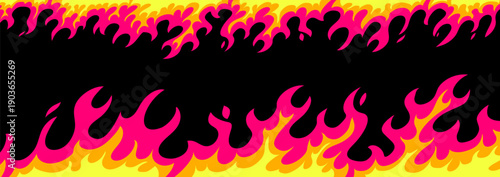 Vector set of fire frame on black background. Illustration of burning flame of fire top and bottom. Flat style design of red and yellow flame border