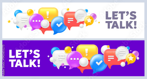 Vector set of illustration of speech bubble with word lets talk on color background. Social media and communication symbol with text. 3d style template design of cloud of various size speech bubble