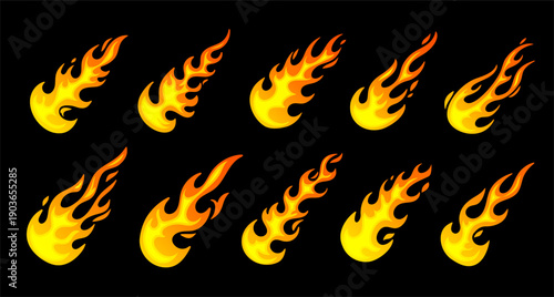 Vector set of various shine tongue of flame icon on black background. Collection of illustration of bright red and yellow color burning flame. Flat style design of fire symbol of fire