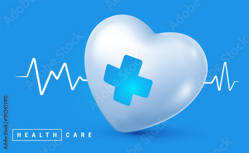 Vector illustration of realistic heart symbol with blue cross with pulse line. Medical symbol of first aid. 3d style design of heart with cross and beat pulse on blue color background