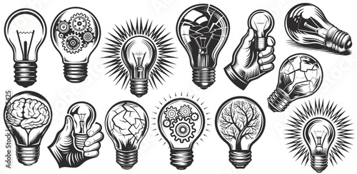 Set Light Bulb Creative Idea and Innovation Symbols for innovation, imagination, and successful profit in global business.