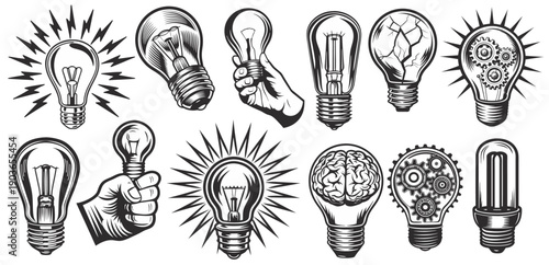 Set Light Bulb Creative Idea and Innovation Symbols for innovation, imagination, and successful profit in global business.