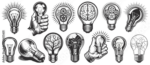 Set Light Bulb Creative Idea and Innovation Symbols for innovation, imagination, and successful profit in global business.