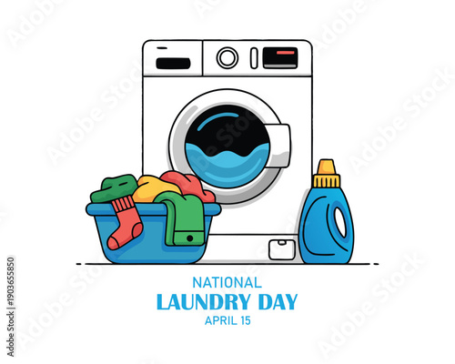 National Laundry Day vector. Washing machine, laundry basket and washing powder icon set vector. Laundry Day Poster, April 15. Important day	
