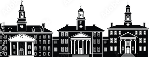 Historic American courthouse buildings silhouette collection featuring colonial government architecture civic institutions town hall facades black white vector illustration