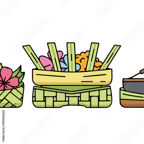 Balinese Hindu offerings Canang sari vector illustration set