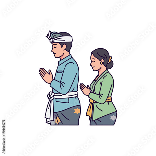 Traditional Balinese couple praying in vector illustration style