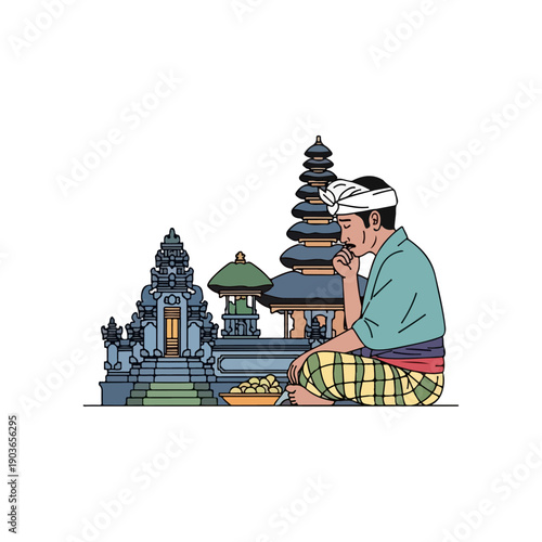 Balinese man praying at traditional Hindu temple vector illustration