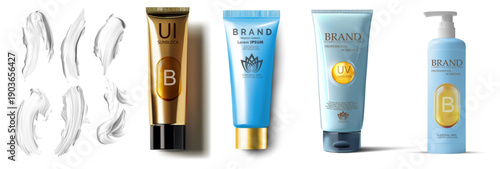 Premium sunscreen packaging mockup set with realistic cream swatches, glossy tubes and a pump bottle in blue and gold, perfect for cosmetic branding and product presentations.  Beach creams, gels 3d v