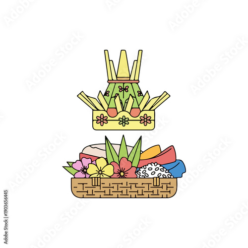 Balinese Traditional Offering Canang Sari and Ceremonial Crown Illustration