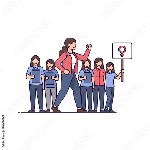 Group of Diverse Women Marching for Gender Equality and Women's Rights Illustration