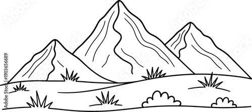 Minimal black line desert mountain landscape with peaks, rocky terrain, shrubs, horizon and open wilderness scenery