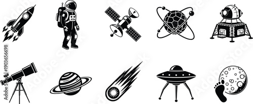 Space exploration icons set with rocket astronaut satellite planet telescope UFO meteor moon astronomy science vector illustration black white design