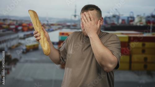 Photos Man holding baguette shrugs palms up at port docks and presses hand to face in a cramped gesture; absurd everyday confusion