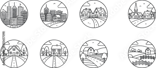 Minimal black line circular scenes featuring city skylines, suburban homes, country roads, farms and rural landscapes