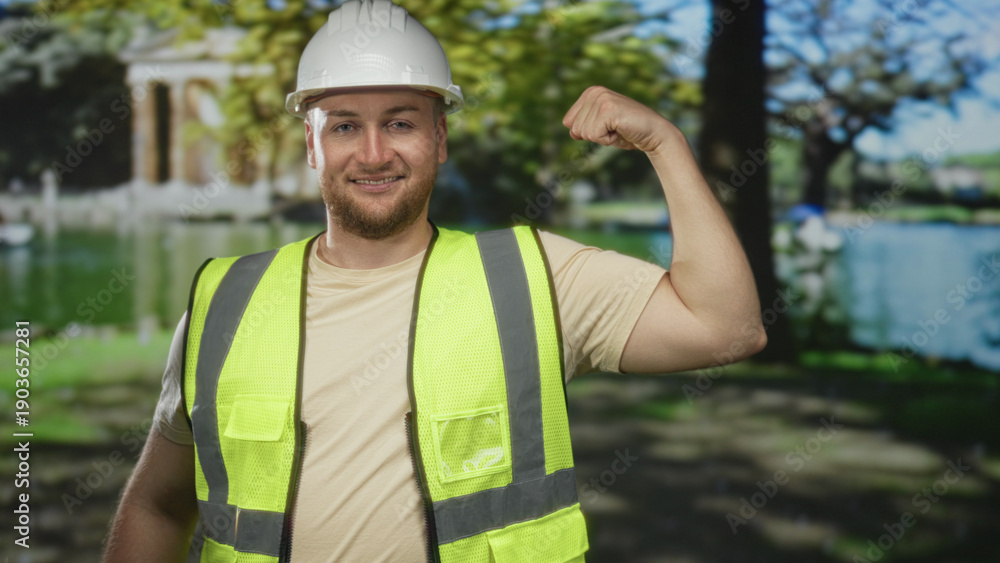 Fototapeta premium Man engineer in hardhat and high visibility vest smiles and flexes arm beside park building and pond; confidence.
