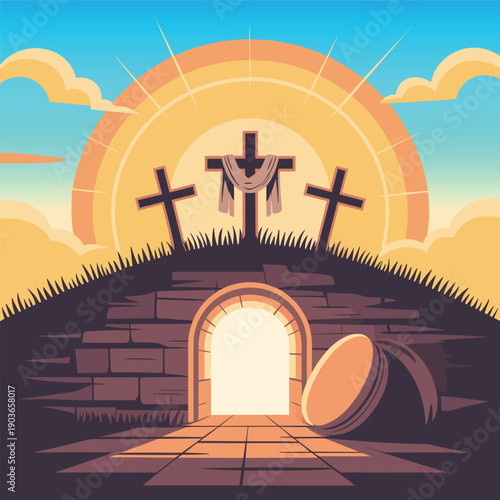 Easter Sunday Empty Tomb with Crosses and Sunrise Resurrection Illustration