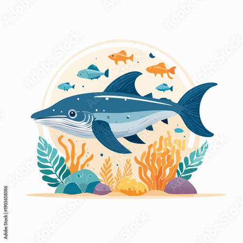 Vibrant Underwater Scene Featuring a Stylized Blue Fish Amidst Colorful Coral and Marine Flora Illustration