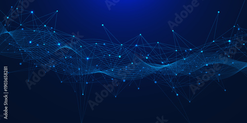 Futuristic network connection dots lines and wave flow. Social communication and big data visualization. Design for internet technology, science and business. Vector