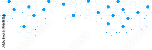 Hexagon pattern with blue nodes on white background. Modern genetic engineering and molecular structure concept. Design for science and technology. Vector