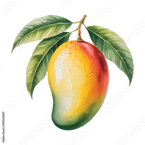 Watercolor mango fruits and leaves. 


