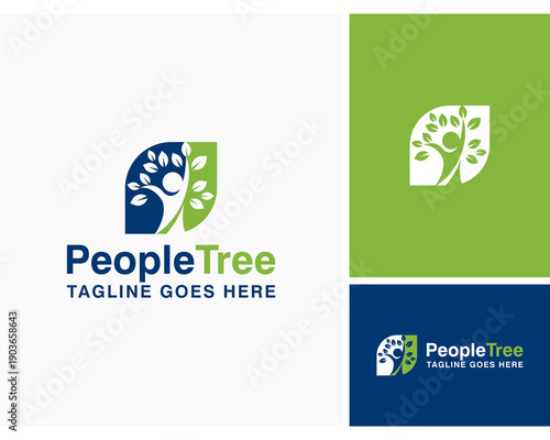 Healthy life people tree with leaf logo design icon vector