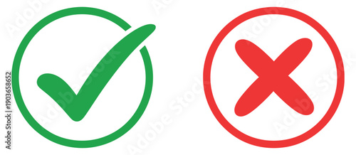 Green Check Mark and Red Cross Icon Vector Set for Yes/No, Correct/Incorrect, Approval, and Rejection
