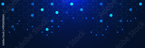 Futuristic hexagon pattern with glowing particles nodes on dark blue background. Design for science and digital technology concept. Vector