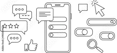 Minimal black line mobile UI interface elements with chat bubbles, toggle switches, search bar, cursor and rating icons