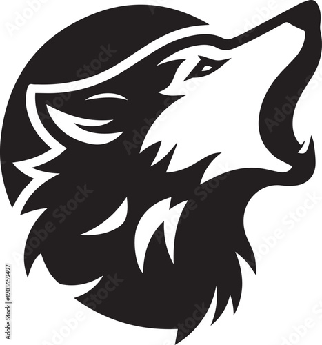 Stylized wolf head logo design in black and white