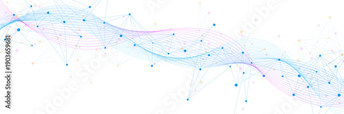 Abstract network connection dots and lines with colorful wave flow. Futuristic social communication and big data visualization. Design for science an technology. Vector