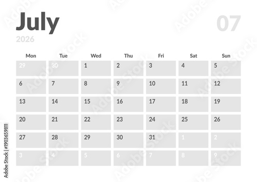 Monthly page Calendar Planner Template design of July 2026. Vector layout of calendar with week start Monday for Scheduling. Page for size A4 or 21x29.7 cm