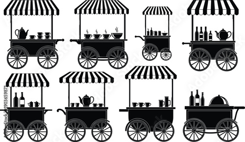 Black silhouettes of vintage street food carts with striped awnings serving coffee tea wine and beverages for outdoor festivals mobile catering and hospitality 