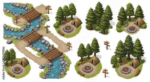 Isometric camping elements set. Isolated river, wooden bridges, campfires, tents, trees, and signposts for game design. isolated PNG with Transparent Background