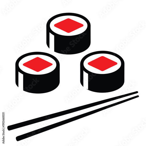 Three black and white sushi rolls with red topping and black chopsticks