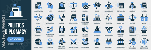 Politics and diplomacy fill icon collection. Includes government, elections, voting, negotiations, international relations, and political processes symbols. Created in colored style with blue palette