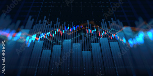 Foto financial chart with uptrend line candlestick graph in stock market on blue colo