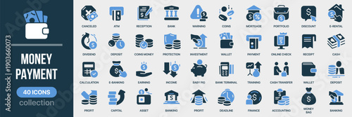 Money and payment fill icon collection. Includes banking, finance, income, transactions, savings, and payment process symbols. Created in colored style