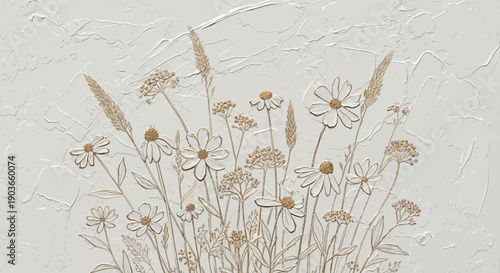 Textured floral embossed design with delicate wildflowers on white background