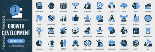 Growth and development fill icon collection. Includes progress, success, motivation, achievement, education, and business growth symbols. Created in colored style
