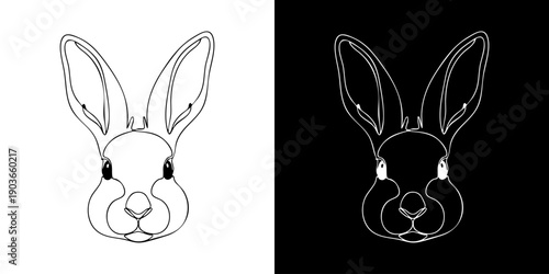 Illustration of rabbit faces with long ears on contrasting monochrome backgrounds from a straightforward front viewpoint
