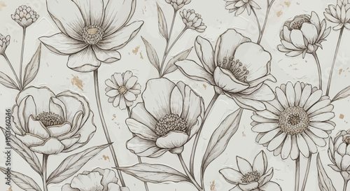 Elegant floral botanical pattern with delicate hand drawn flowers in vintage style