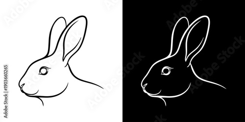Line art illustration of rabbit heads on contrasting backgrounds from a side viewpoint