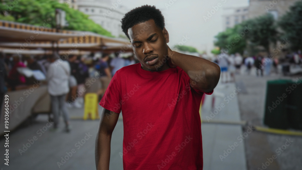 Fototapeta premium Young american man wearing red tshirt touching neck in street market amid blurred stalls;tension strain fatigue.